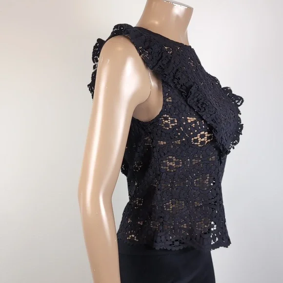 💙Zara Black Lace Pinafore Ruffle Blouse Top Sheer Crochet Flounce Trim Black - Picture 8 of 10
